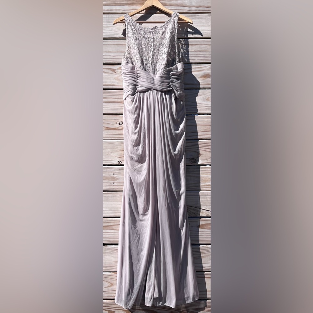 David's Bridal Beige Evening Gown Lace Bodice Chiffon Draped Skirt Sz 12 Luxury